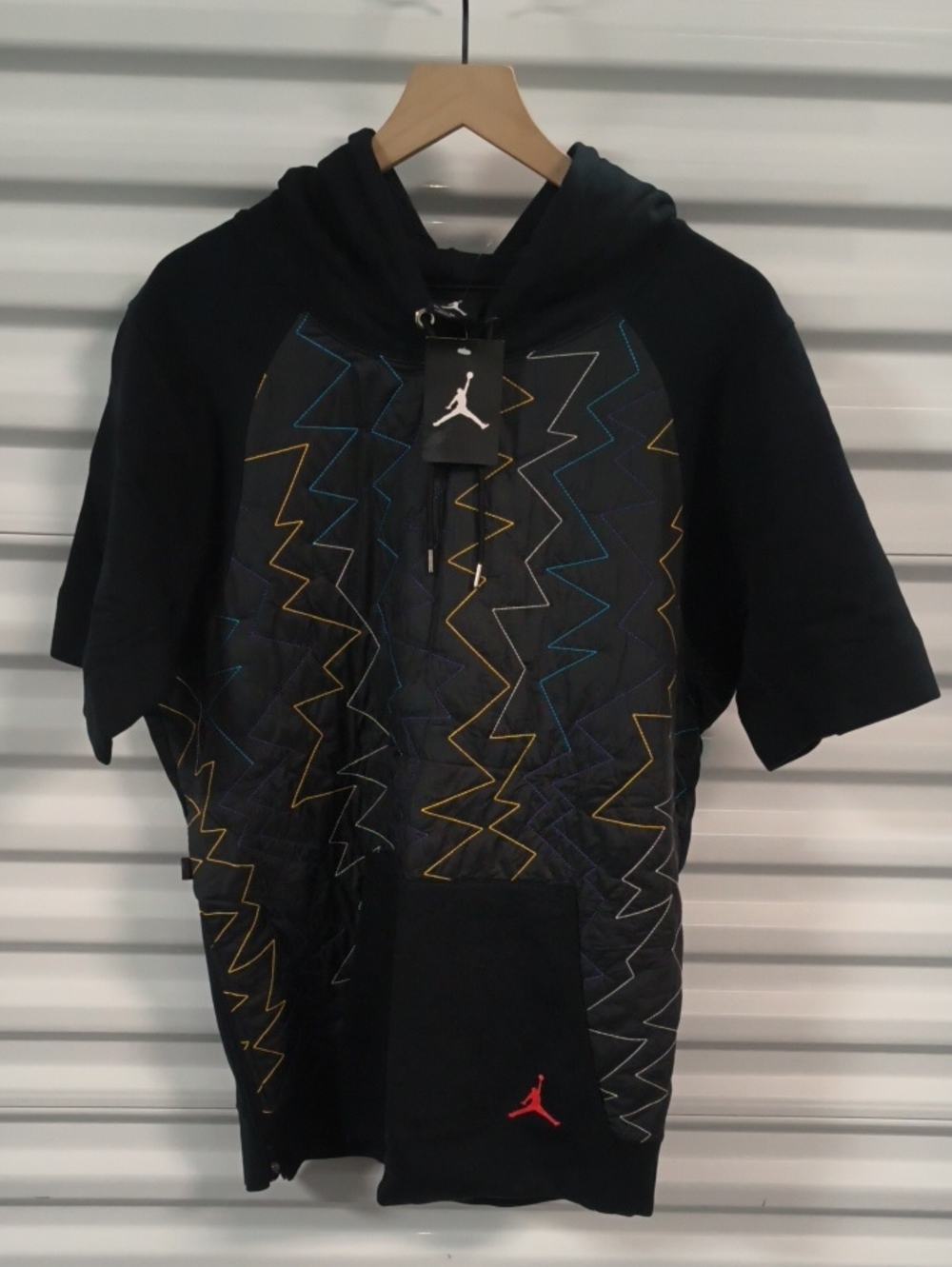 Jordan 7 VII Quilted Short Sleeve Pullover Hoodie Black Men's M NWT